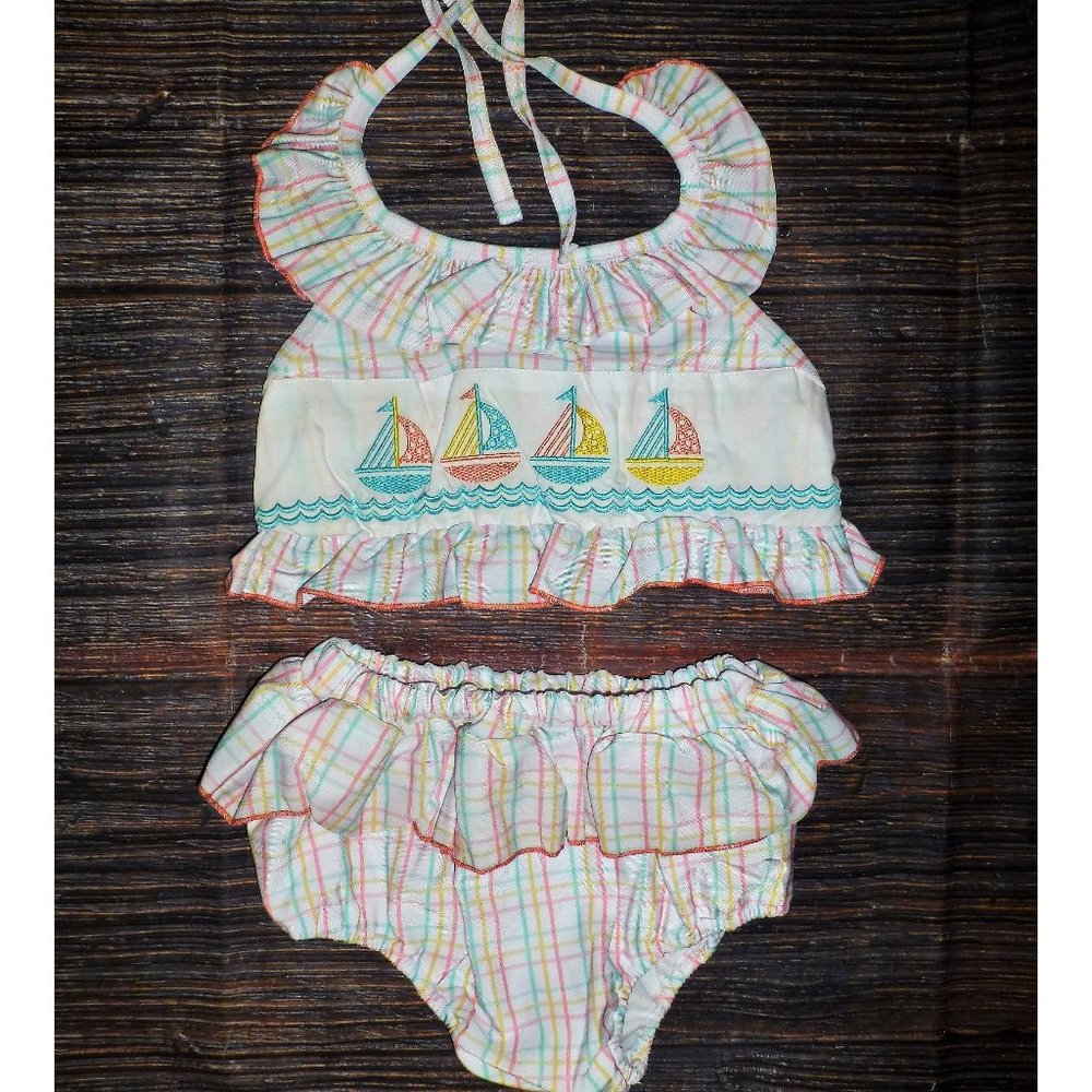 Boutique Embroidered Sailboat Ruffle Bikini Swimsuit